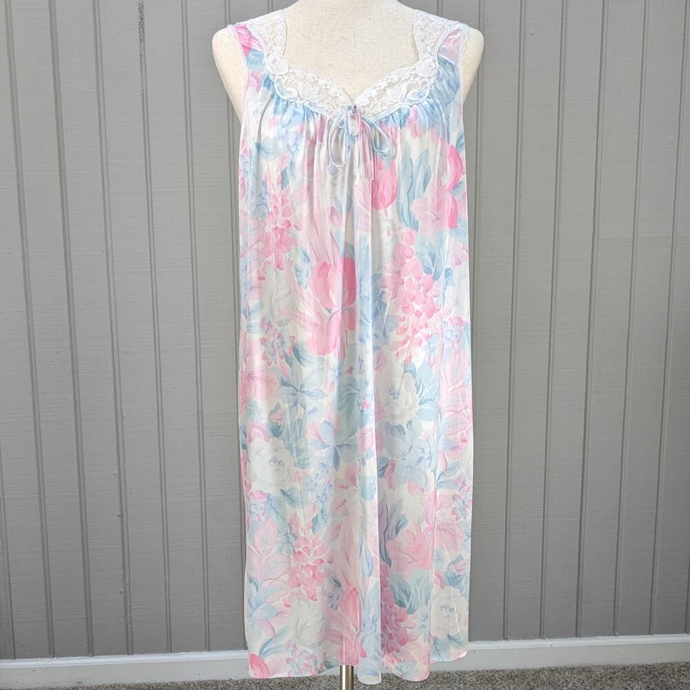 Vintage Lorraine Pastel Pink Blue Floral Lace Satin Sleeveless Nightgown Small